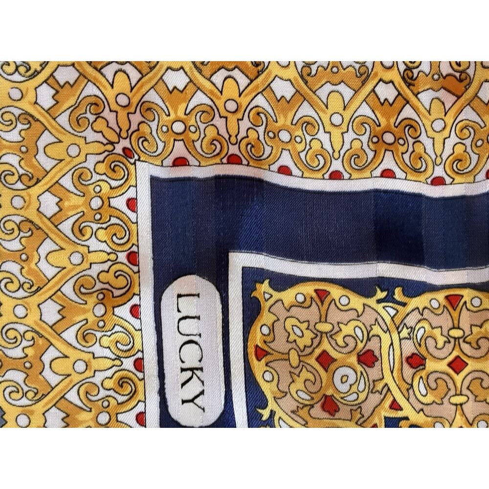 VTG Lucky 100% Silk Scarf Large Baroque Medallion Blue Gold Satin Stripe Border - Picture 7 of 16